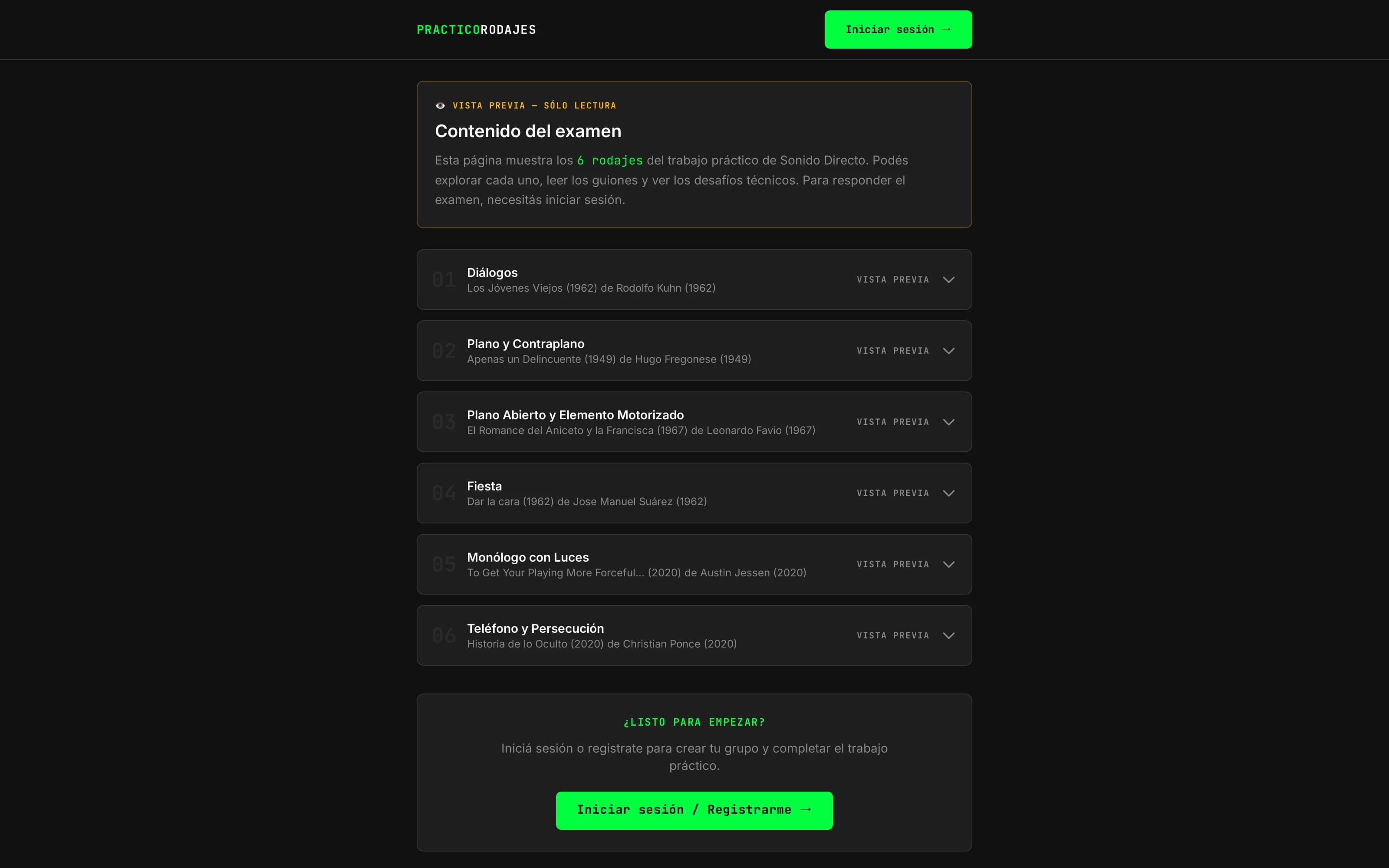 Screenshot of Practico Rodajes